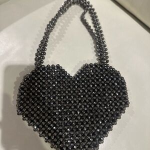 Black Beaded Heart-Shaped Handbag